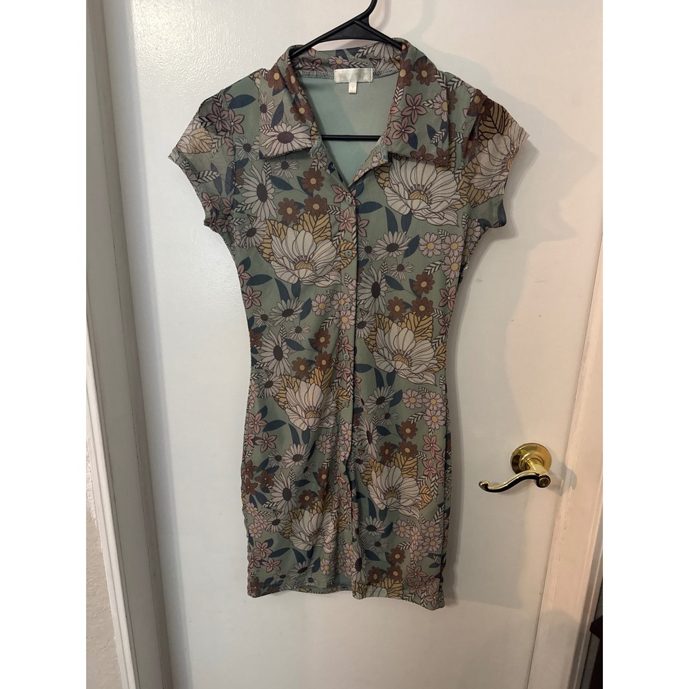 Riley & James Floral Mesh Mini Dress Sage Green Retro 70s Style Small